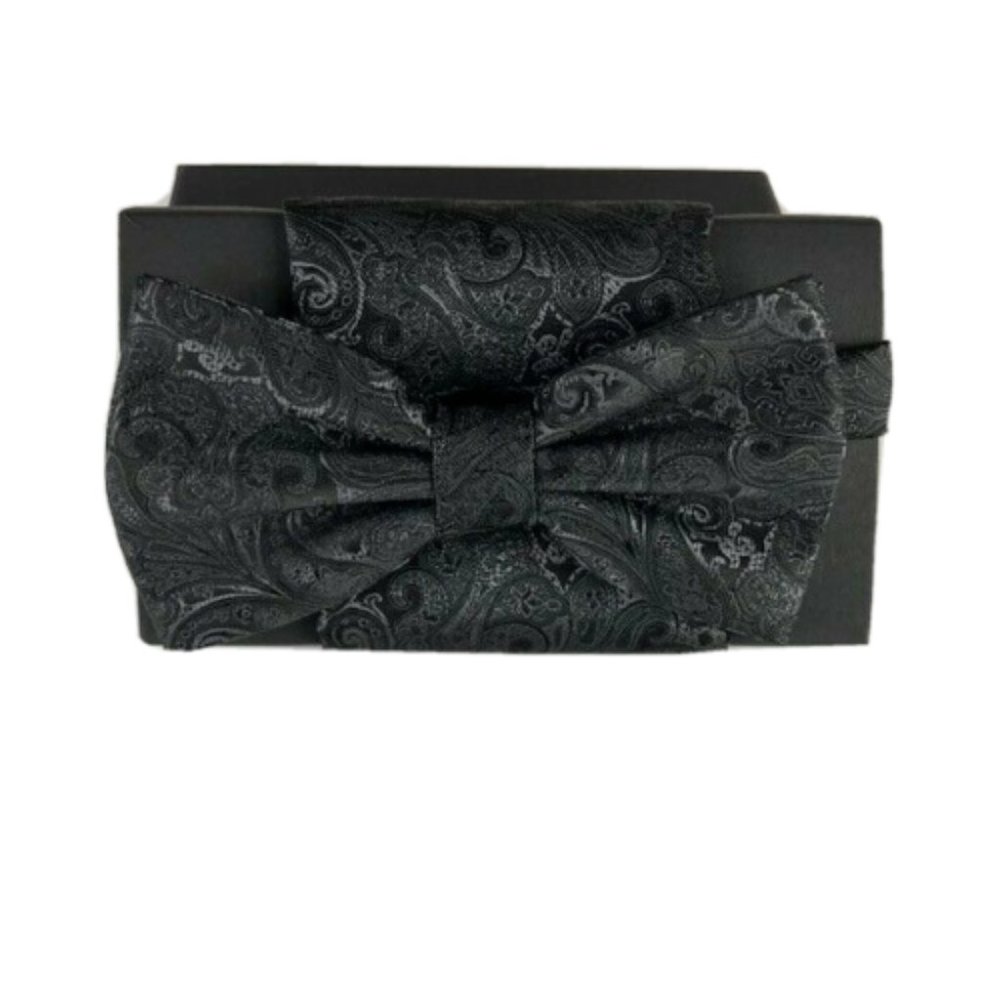 Steven Land Men's Bow Tie & Hanky Set Black Charcoal Gray Paisley Pretied
